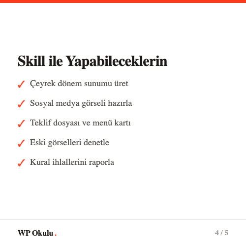 Marka skilli ile yapabileceklerin - Sunum, sosyal medya görseli, teklif dosyası, menü, denetim