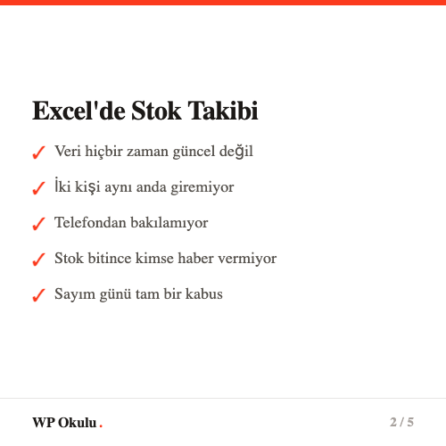 Excel'de stok takibinin sorunları - Güncel olmayan veri, tek kişilik erişim, telefondan bakılamaması, sayım kabusu
