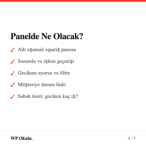 Süreç takip panelinde olması gereken özellikler - aşama panosu, sorumlu, gecikme uyarısı, müşteri linki