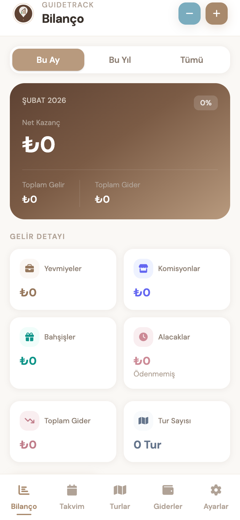 GuideTrack — Bilanço ekranı